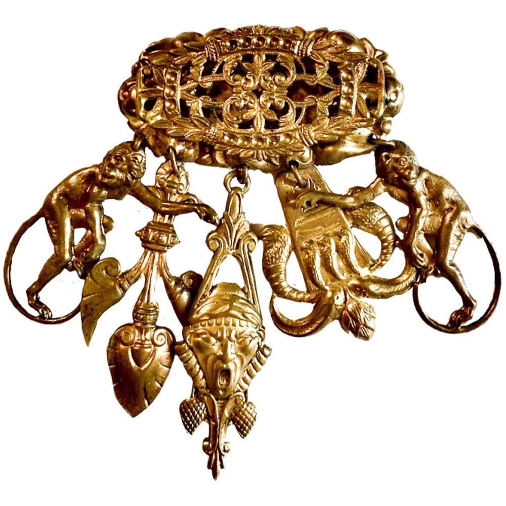 Rare! 1920’s Antique Egyptian Revival Brooch with Dangling Charms - Picture 2 of 3